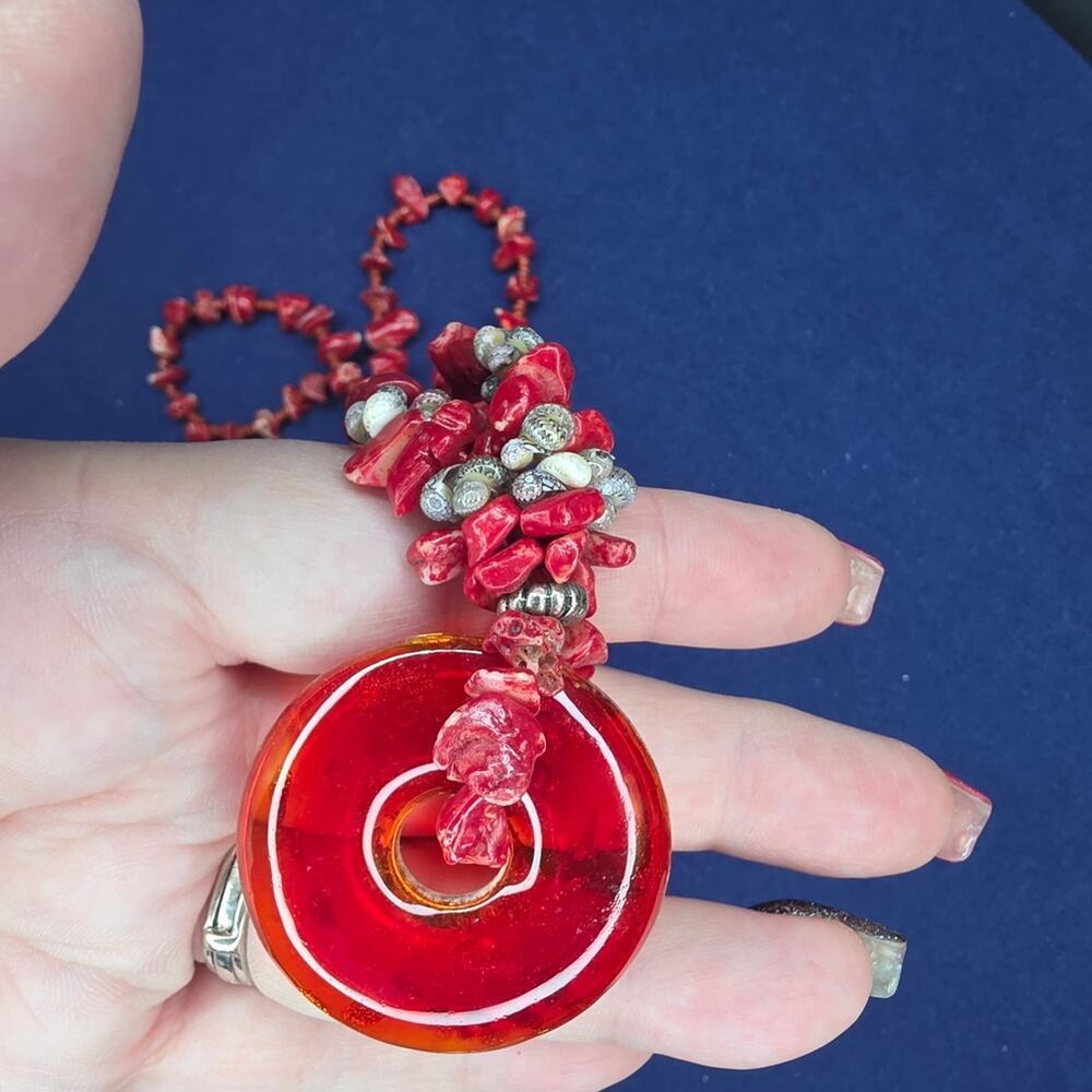 Vintage Red Blown Glass Pendant Stone Beaded Necklace Gold Tone 506 - Picture 5 of 11
